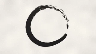 An ensō — a circle drawn in a single sweep of a sumi brush — heavy and wet through the western arc, breaking into dry-brush streaks as it comes round to the east, where it stops just short of closing.